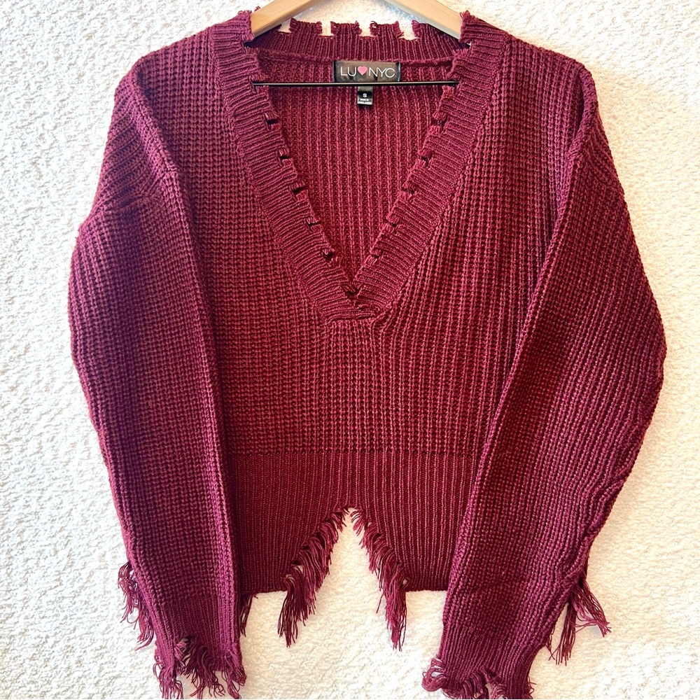Destructed Maroon Burgundy V-Neck Women's Sweater